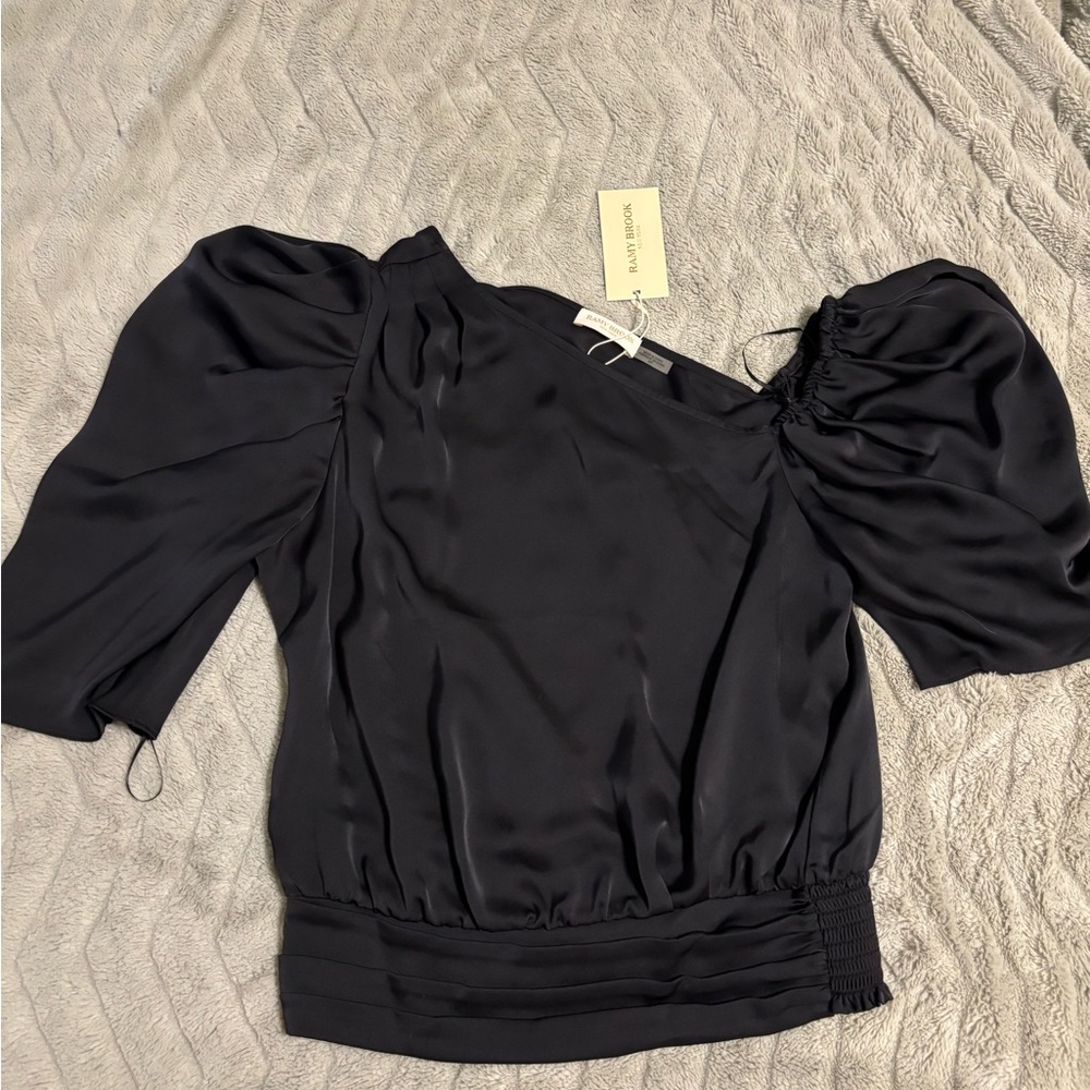 Ramy Brook “Amani” Black Silk Puff Sleeve Smocked Blouse NWT Size S